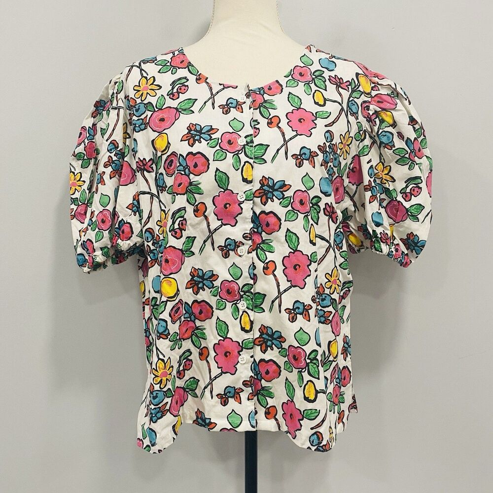 VTG BONJOUR 18W Button Up Colorful Floral Art Dopamine Puff Sleeve Peasant Top